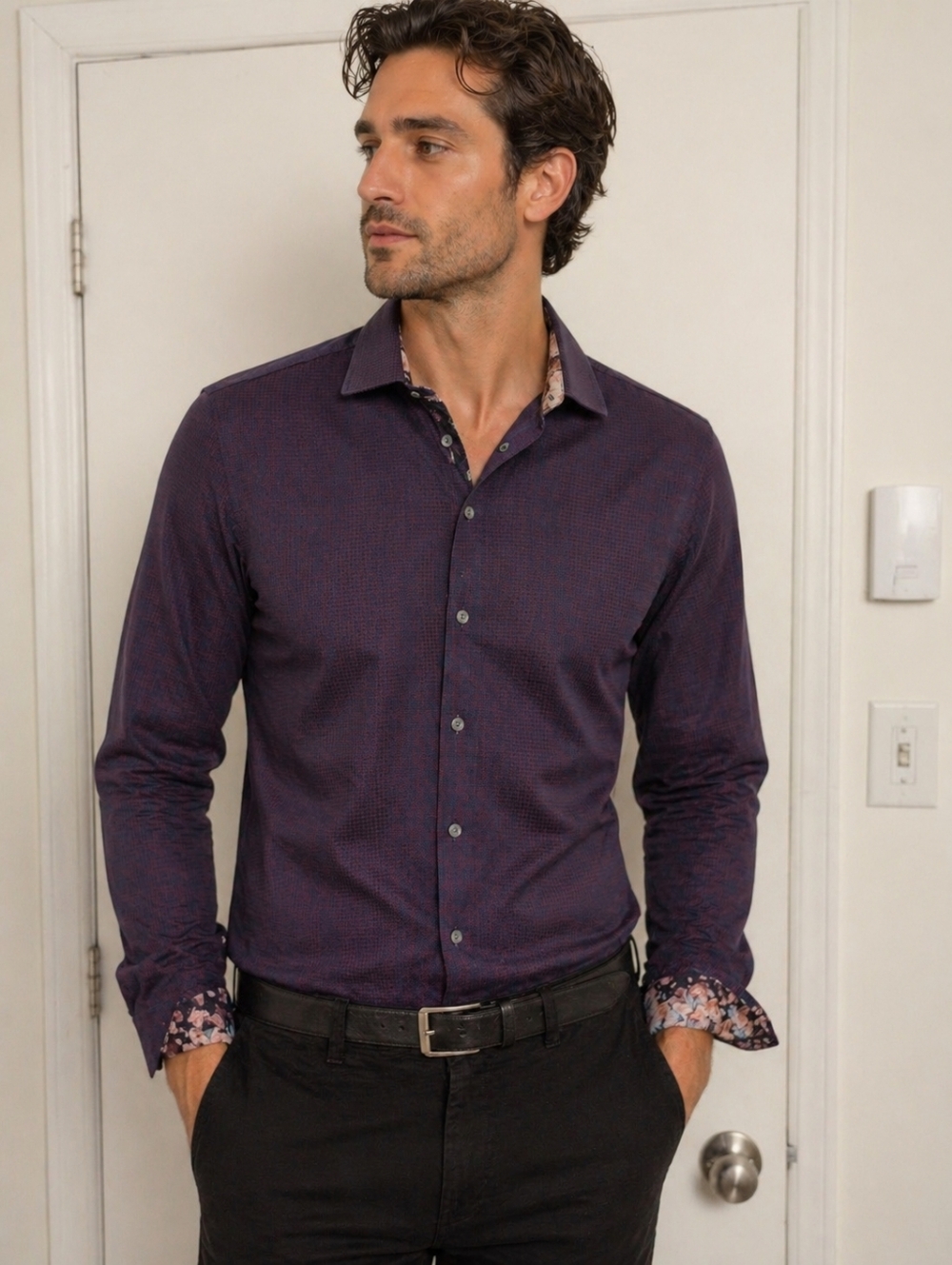 TED BAKER ENDURANCE PURPLE MICRO PRINT BUTTON UP DRESS SHIRT FLORAL DETAIL SIZE